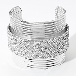 Stone Paved Center Textured Metal Wide Cuff Bracelet