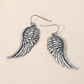 Stone Paved Rim Antique Metal Angel Wing Dangle Earrings