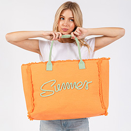 SUMMER Message Embroidered Fringe Canvas Tote Bag / Beach Bag