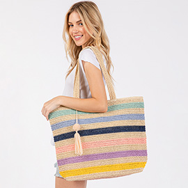 Pom Pom Tassel Multi Color Straw Crochet Tote Bag / Beach Bag