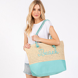 BEACH Message Embroidered Rope Handle Crochet Fabric Tote Bag / Beach Bag